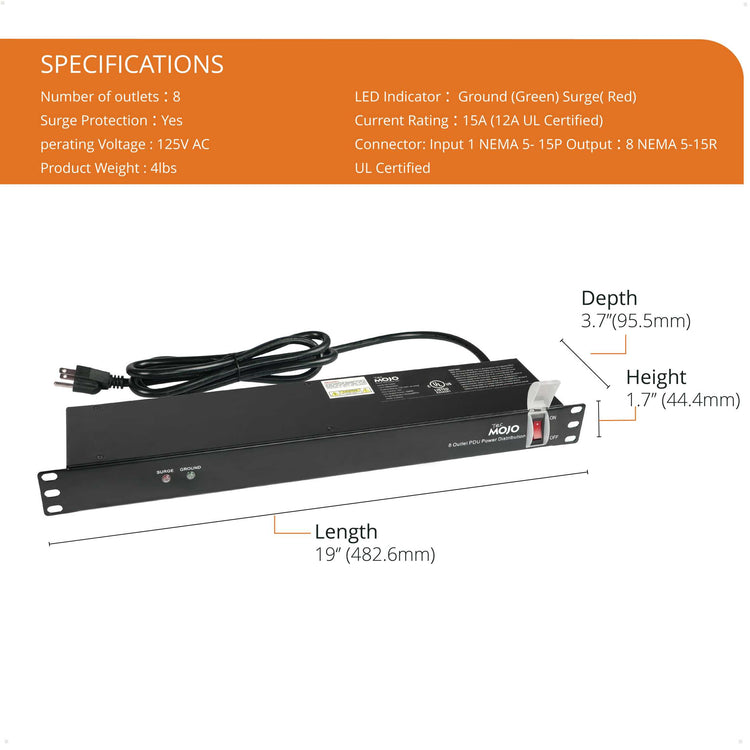Tecmojo 1U Rack Mount 8 Outlet Power Distribution Unit With Surge Protection(Rear Outelet)