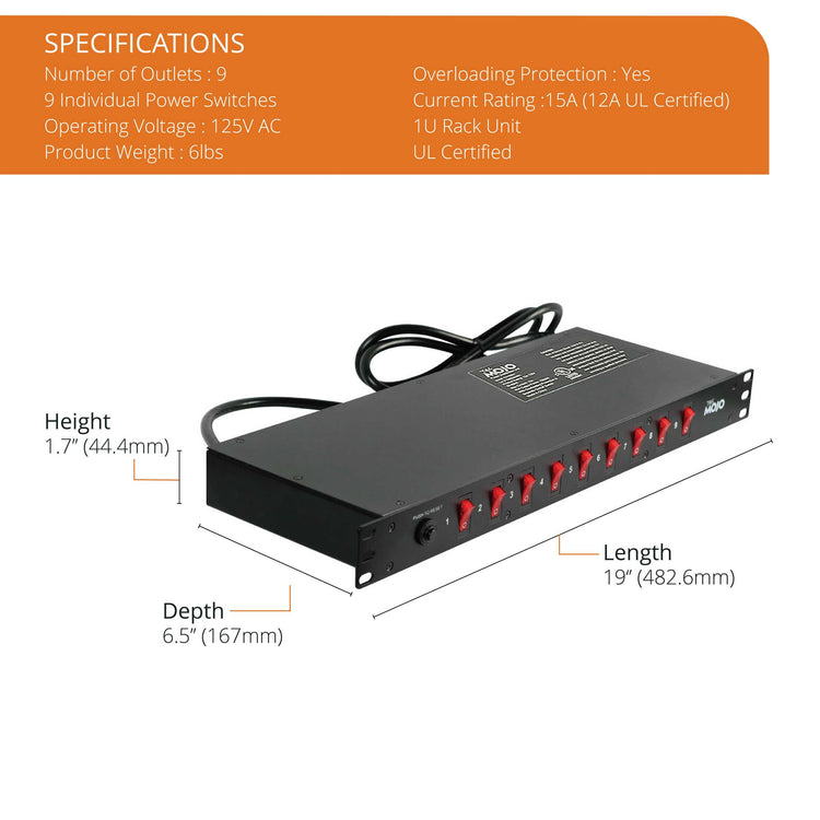 Tecmojo 9 Outlet Overloading Protection Circuit Breaker PDU Power Strip with Individual Switch