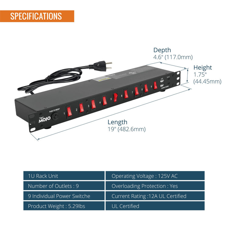 Tecmojo 9-Outlet Rack Mount Power Strip,1U Horizontal PDU Individual Switch 6ft Cord, with 2USB and 2 Type-C,for IT and Network Racks and Cabinets