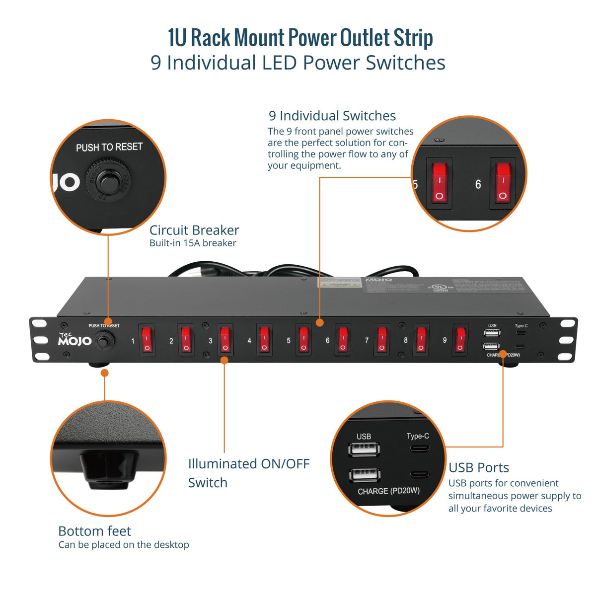Tecmojo 9-Outlet Rack Mount Power Strip,1U Horizontal PDU Individual S