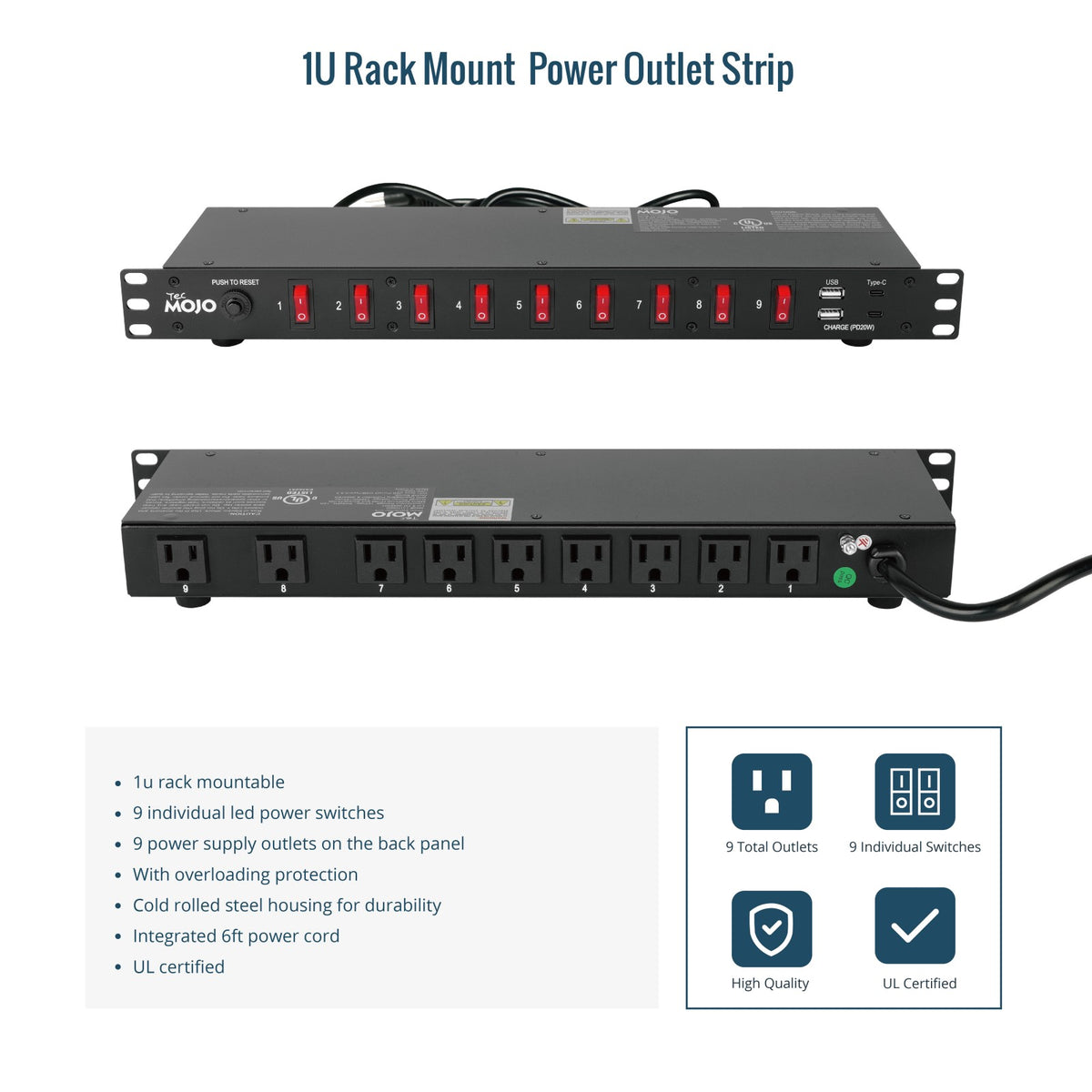 Tecmojo 9-Outlet Rack Mount Power Strip,1U Horizontal PDU Individual S