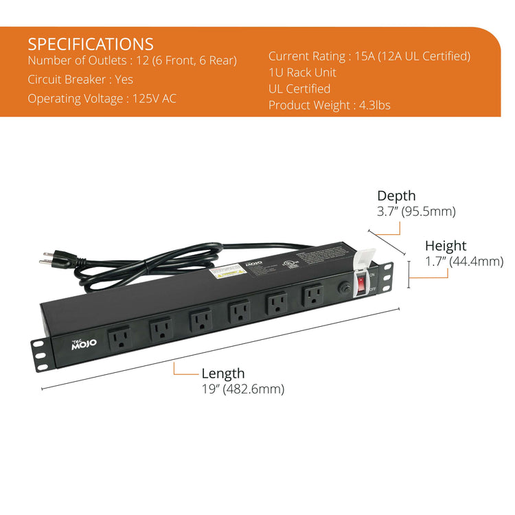 Tecmojo 1U 12 Wide-Spaced Outlet PDU Power Strip with Circuit Breaker 15A (UL Certified 12A)
