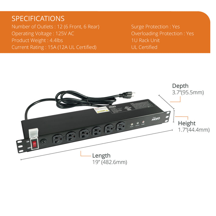 Tecmojo 1U 12 Outlet PDU Power Strip with Surge Protector(6 Front, 6 Rear Wide Spaced)