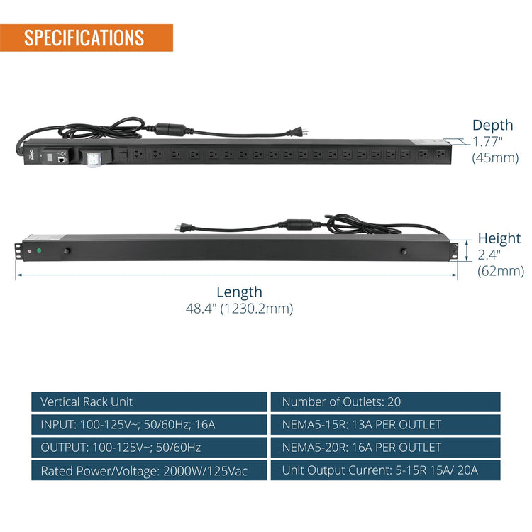 Tecmojo 20A 20-Outlet 0U Metered Rack PDU, 16 NEMA 5-15R + 4 NEMA 5-20R, L6-20P, RS485 Modbus RTU, Voltage & Current Monitoring