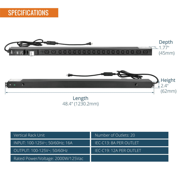 Tecmojo 20-Outlet Vertical Metered PDU, 16 NEMA 5-15R + 4 NEMA 5-20R, NEMA L6-20P Input