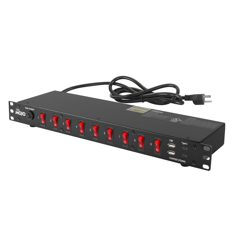 Tecmojo 9-Outlet Rack Mount Power Strip,1U Horizontal PDU Individual Switch 6ft Cord, with 2USB and 2 Type-C,for IT and Network Racks and Cabinets