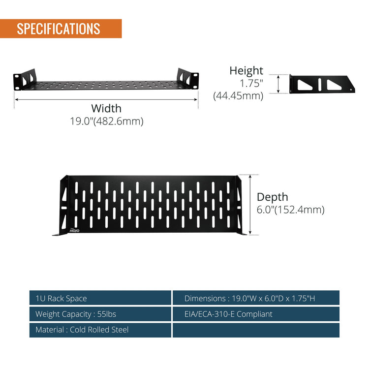 Tecmojo 1U 6 inch Depth Rack Shelf  with Anti-Slip Stops for 19 inch Equipment-55lbs Weight Capacity(2 Pack)