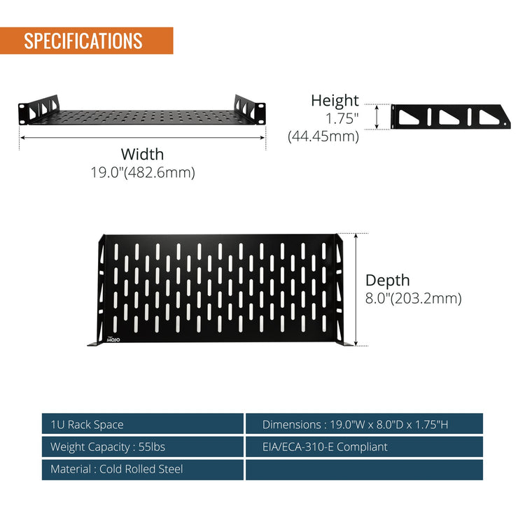 Tecmojo 1U 8 inch Depth Rack Shelf  with Anti-Slip Stops for 19 inch Equipment-55lbs Weight Capacity(2 Pack)