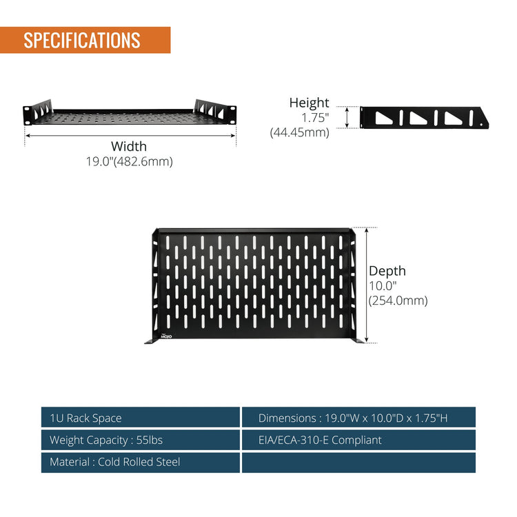 Tecmojo 1U 10 inch Depth Rack Shelf  with Anti-Slip Stops for 19 inch Equipment-110lbs Weight Capacity(2 Pack)