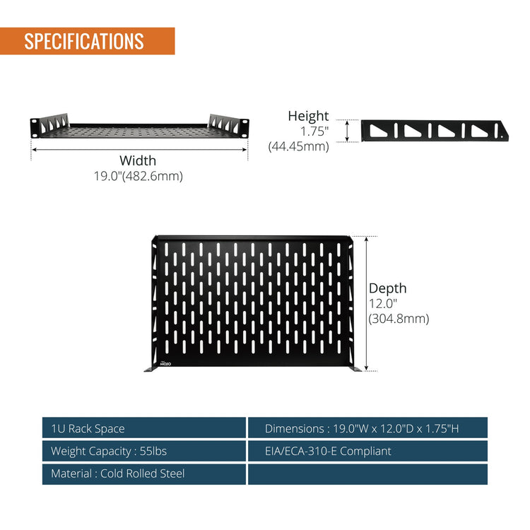 Tecmojo 1U 12 inch Depth Rack Shelf  with Anti-Slip Stops for 19 inch Equipment-110lbs Weight Capacity(2 Pack)