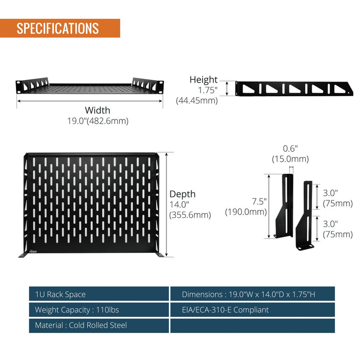 Tecmojo 1U 14 inch Depth Rack Shelf  with Anti-Slip Stops for 19 inch Equipment-110lbs Weight Capacity(2 Pack)