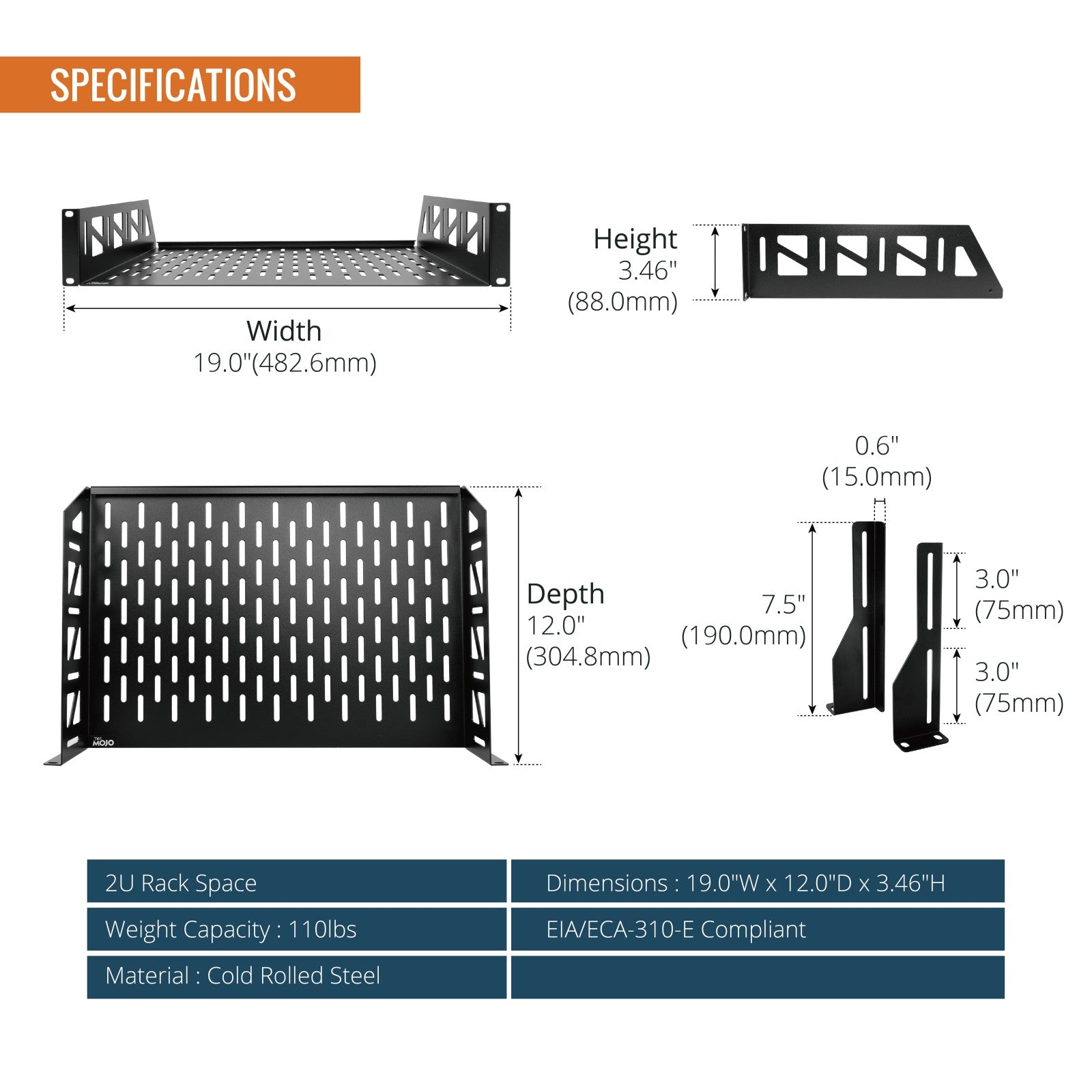 Tecmojo 2U 12 inch Depth Rack Shelf with Anti-Slip Stops for 19 inch E
