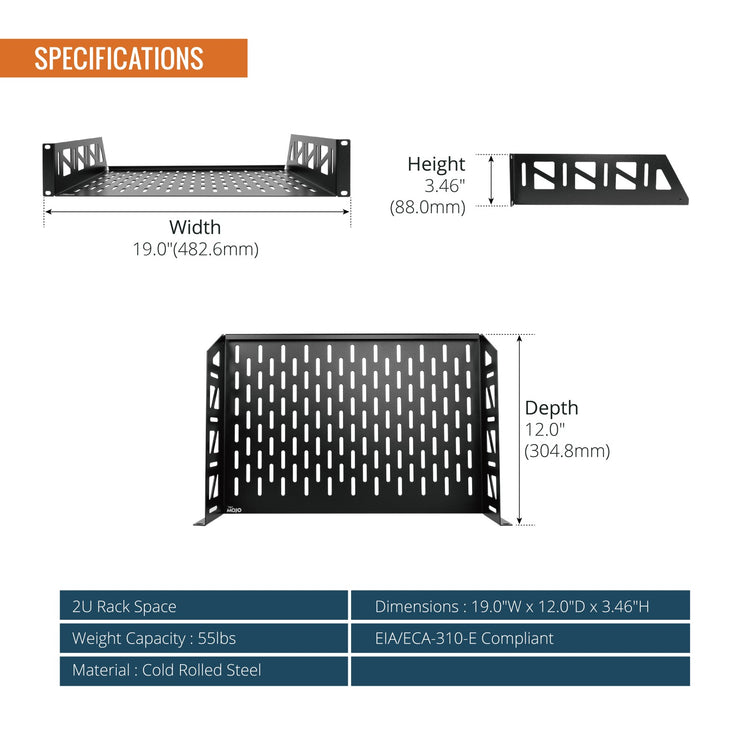 Tecmojo 2U 12 inch Depth Rack Shelf  with Anti-Slip Stops for 19 inch Equipment-110lbs Weight Capacity(2 Pack)