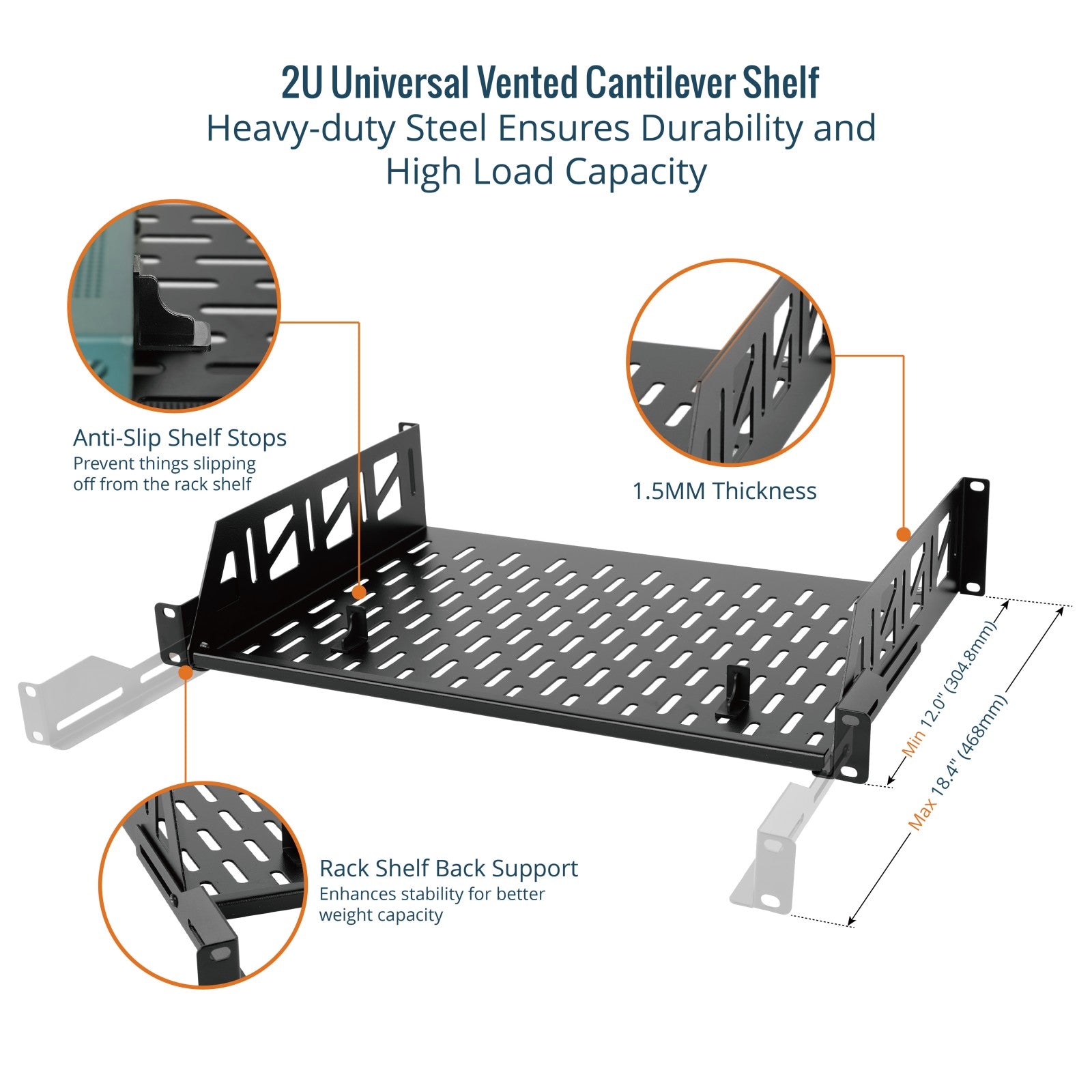 Tecmojo 2U 12 inch Depth Rack Shelf with Anti-Slip Stops for 19 inch E