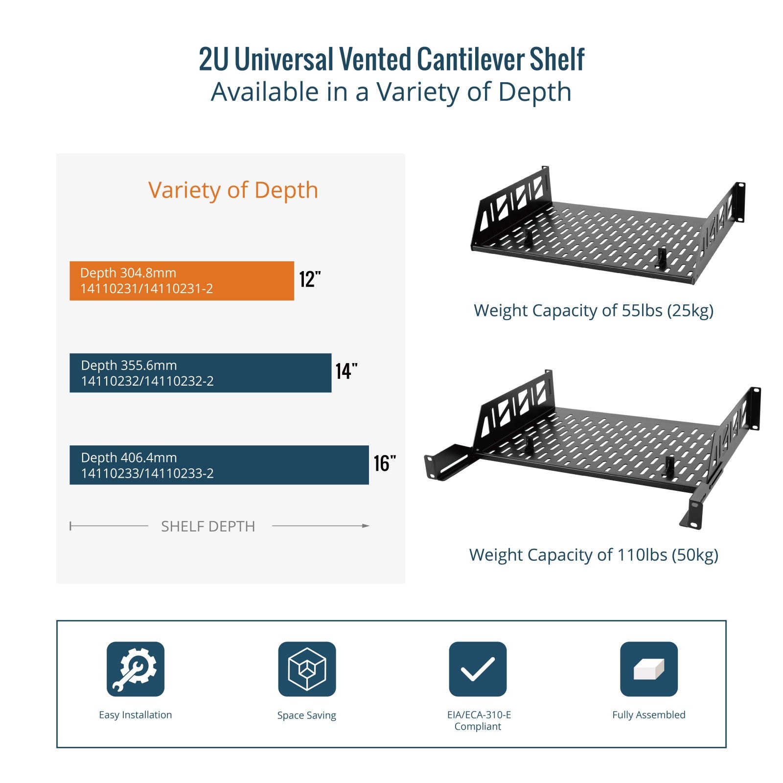 Tecmojo 2U 12 inch Depth Rack Shelf with Anti-Slip Stops for 19 inch E