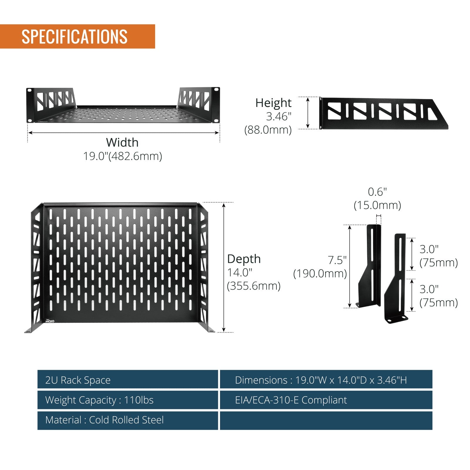 14x2 Foot Rack Tecmojo 2U 14 inch Depth Rack Shelf with Anti-Slip Stops for 19 inch E