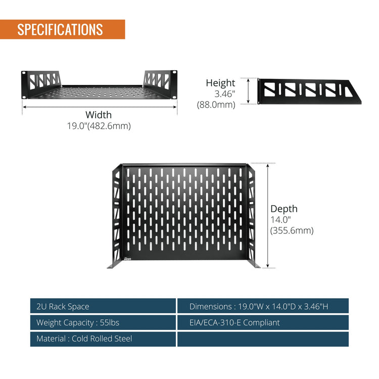 Tecmojo 2U 14 inch Depth Rack Shelf  with Anti-Slip Stops for 19 inch Equipment-110lbs Weight Capacity(2 Pack)