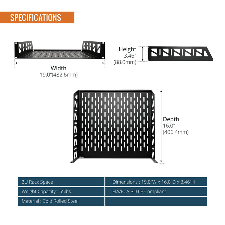 Tecmojo 2U 16 inch Depth Rack Shelf  with Anti-Slip Stops for 19 inch Equipment-110lbs Weight Capacity(2 Pack)