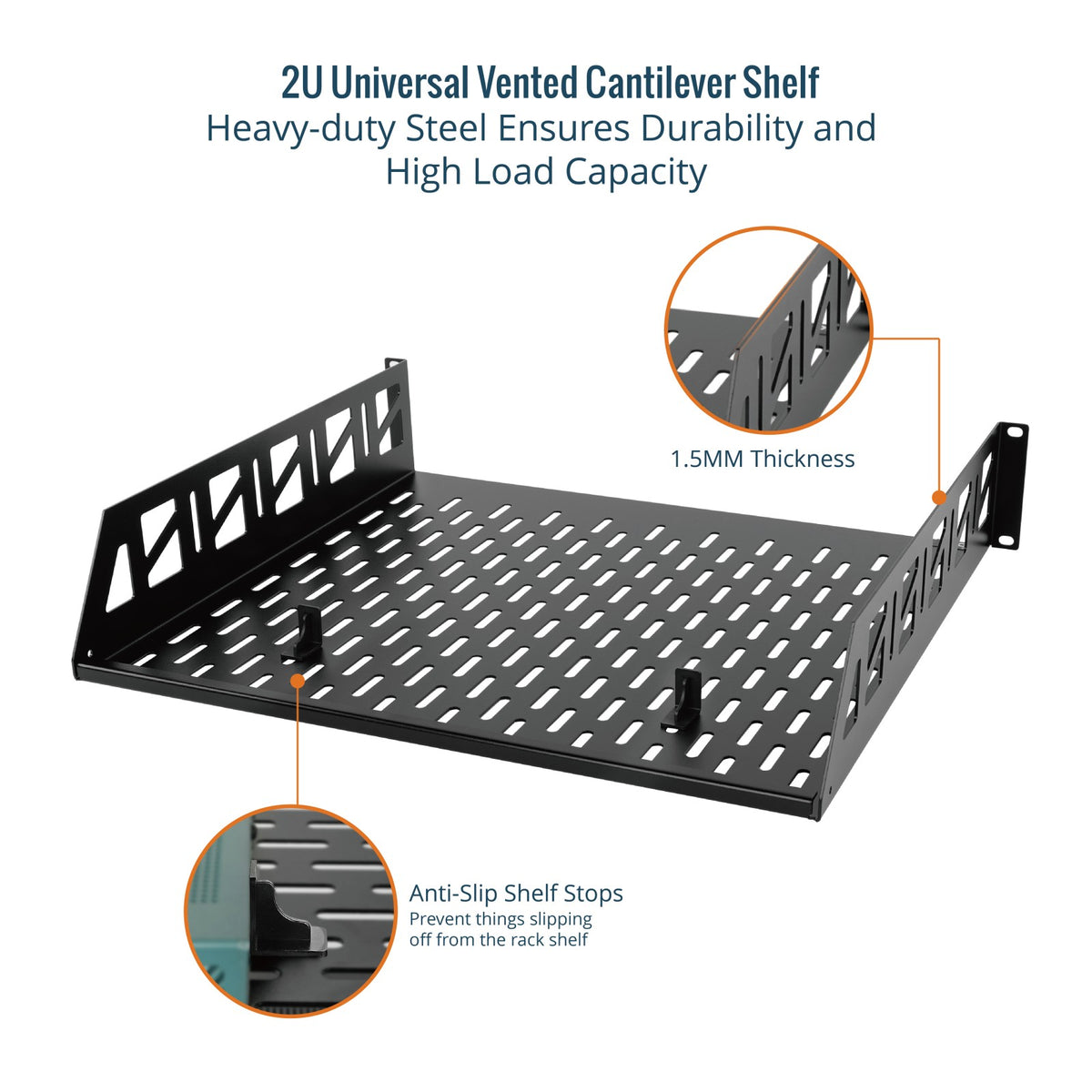 Tecmojo 2U 16 inch Depth Rack Shelf with Anti-Slip Stops for 19 inch E