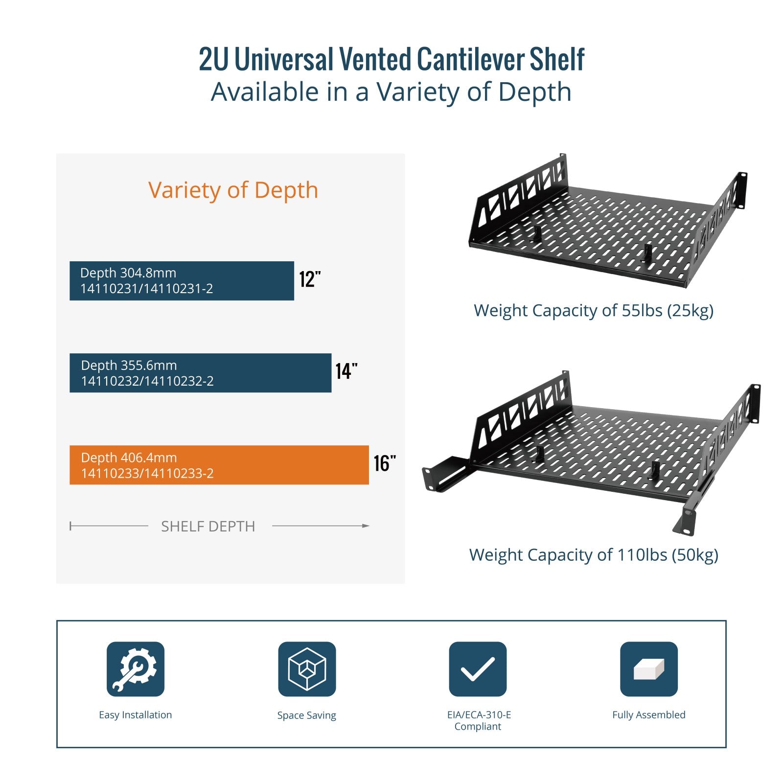 Big Depth Rack Tecmojo 2U 16 inch Depth Rack Shelf with Anti-Slip Stops for 19 inch E