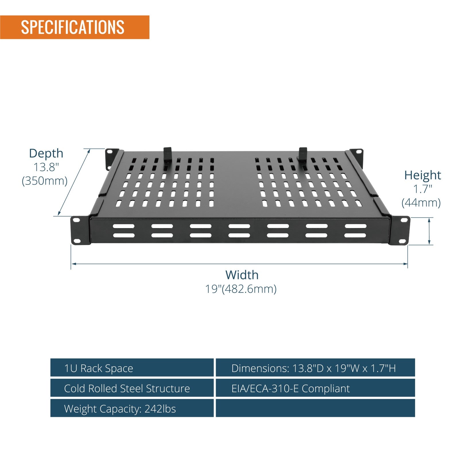 Tecmojo 1U 4-Post 13.8 inch Depth Vented Rack Shelf with Adjustable De