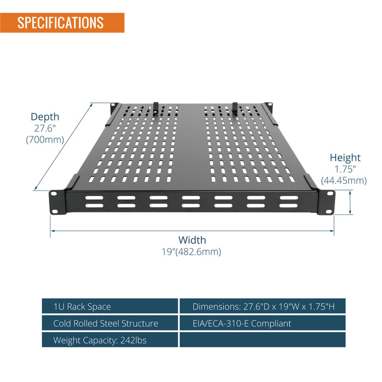 Tecmojo 1U 4-Post 27.6 inch Depth Vented Rack Shelf with Adjustable Depth 19.7-37.4inch(242lbs Weight Capacity)