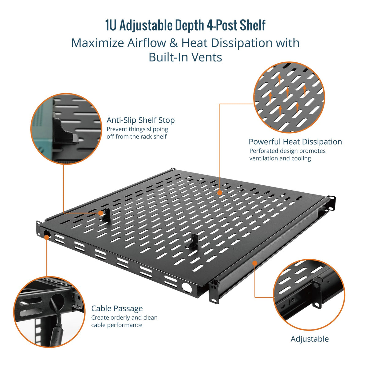 Declined Sliding Rack Tecmojo 1U 4-Post Sliding Vented Rack Shelf with Adjustable Depth 22-2