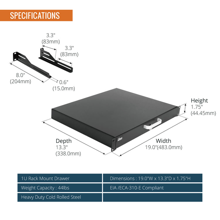 Tecmojo 1U Rack Drawer with Cable Management Holes for 19 inch Equipment-44lbs Weight Capacity