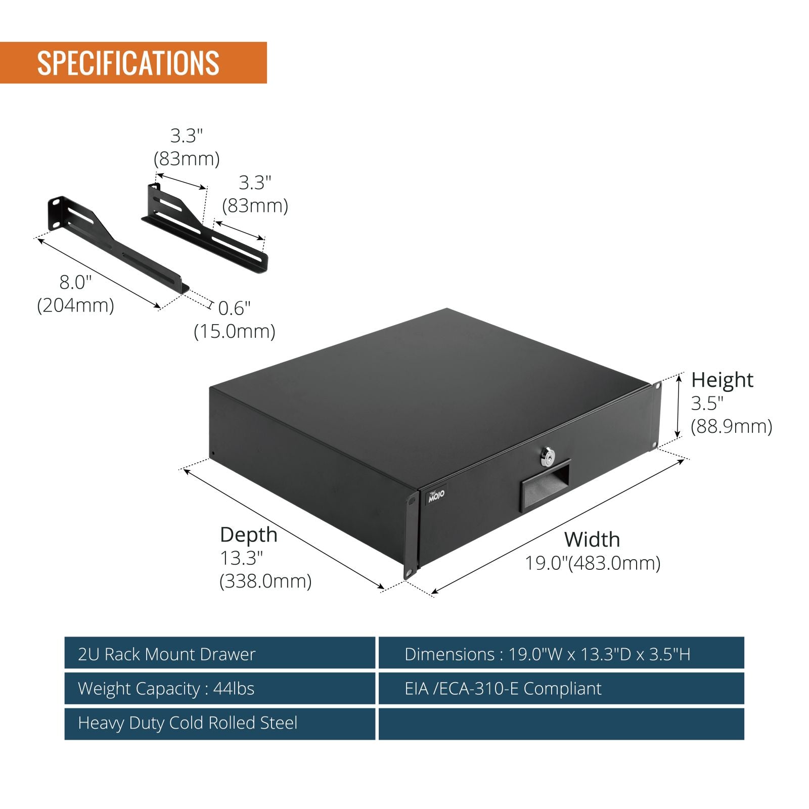 Tecmojo 2U Rack Drawer with Cable Management Holes for 19 inch Equipme