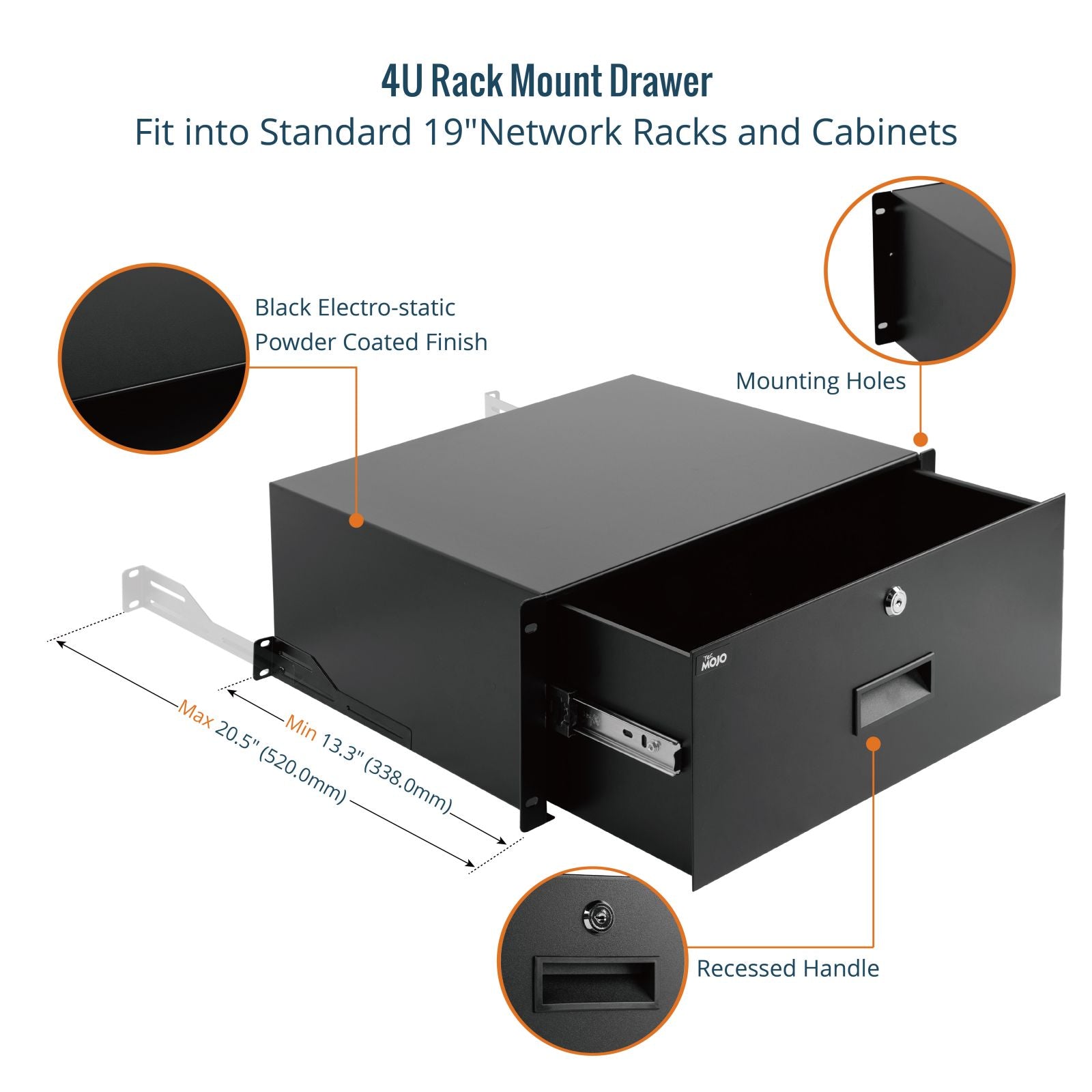 Tecmojo 4U Rack Drawer with Cable Management Holes for 19 inch Equipme