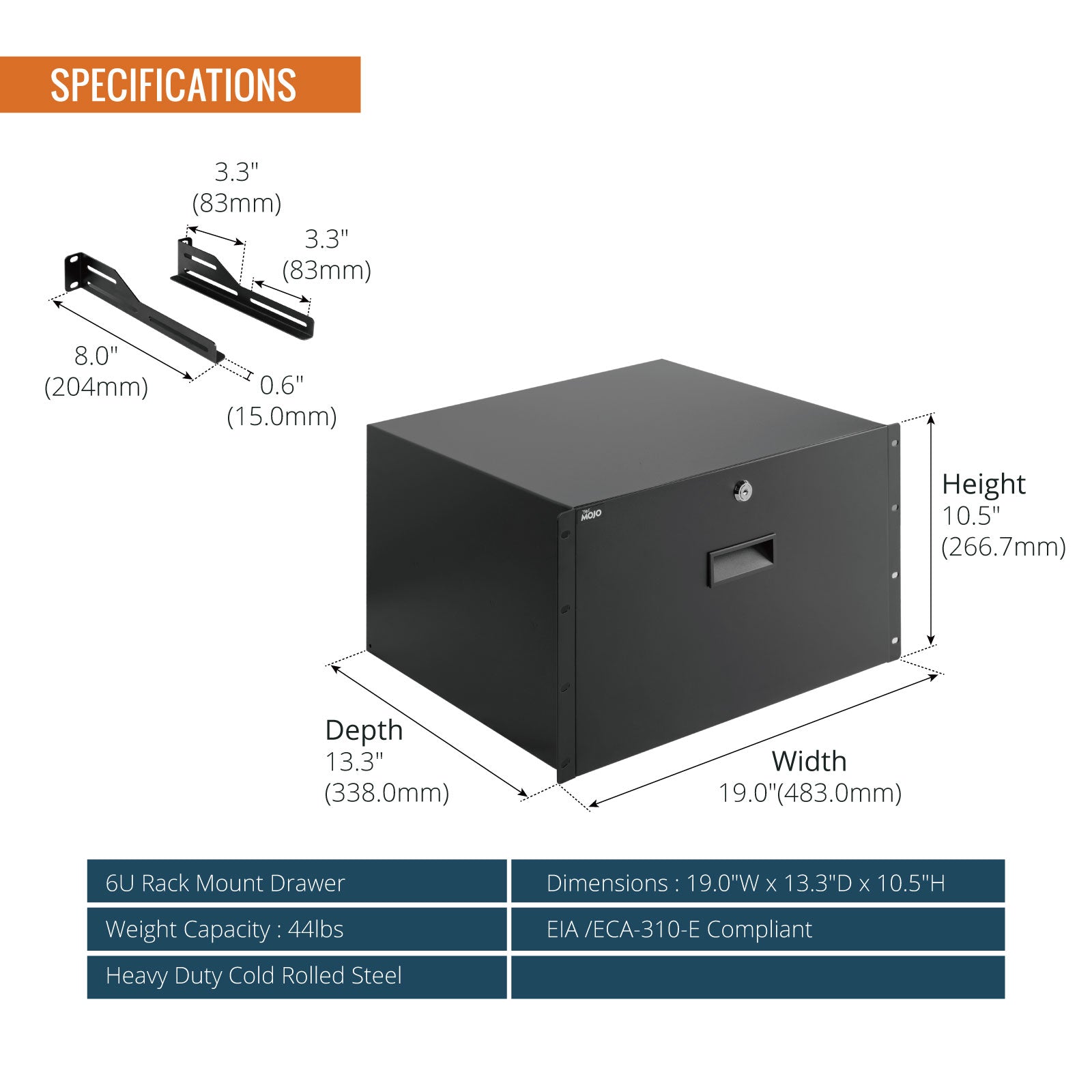 Tecmojo 6U Rack Drawer with Cable Management Holes for 19 inch Equipme