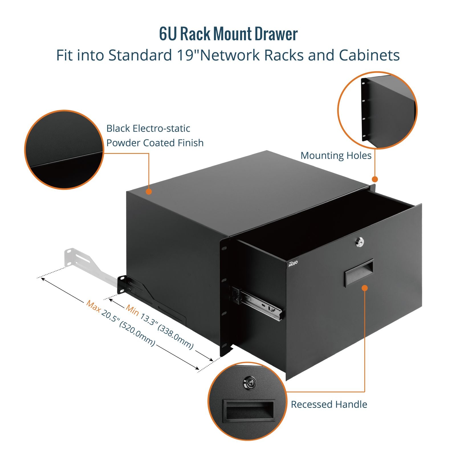 Tecmojo 6U Rack Drawer with Cable Management Holes for 19 inch Equipme