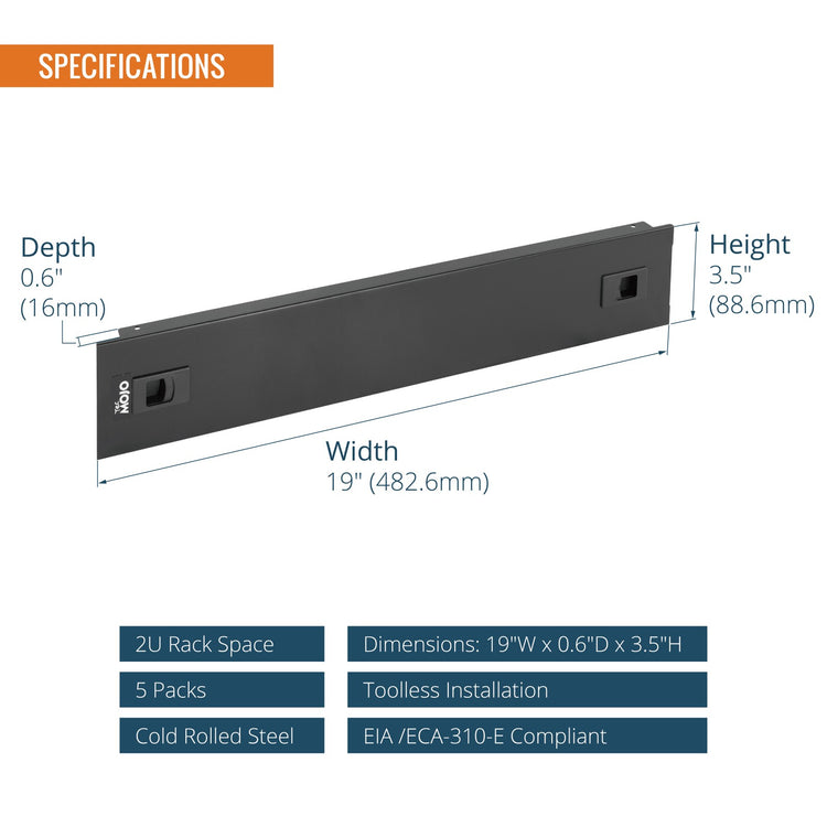Tecmojo 2U Toolless Mounting Cold Rolled Steel Rack Blank Panel for 19 inch Equipment（5 Pack)