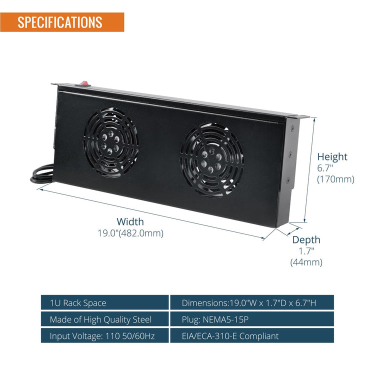 Tecmojo 1U Rack Mounted 2 Fan Unit Cooling System for 19 inch Rack/Cabinet