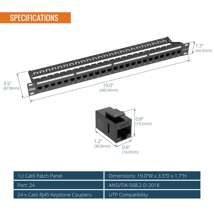 24-Port Cat6 Patch Panel with Inline Keystone Couplers 1U Rack Mount