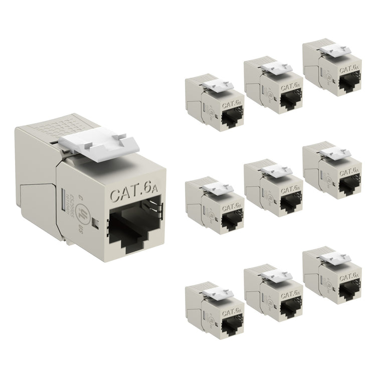 Tecmojo UL Listed 10Gbps Cat6A Shielded Keystone Jack Insert 10 -Pack, 180 Degree Punch Down RJ45 Keystone Jack Adapter Slim Profile for Patch Panel & Wall Plate, Sliver