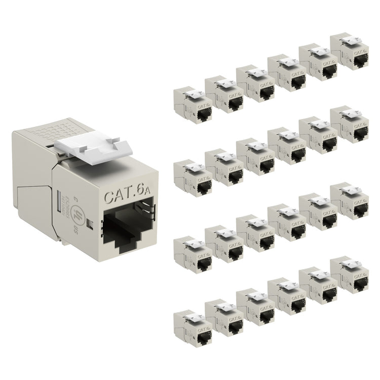 Tecmojo UL Listed 10Gbps Cat6A Shielded Keystone Jack Insert 25 -Pack, 180 Degree Punch Down RJ45 Keystone Jack Adapter Slim Profile for Patch Panel & Wall Plate, Sliver