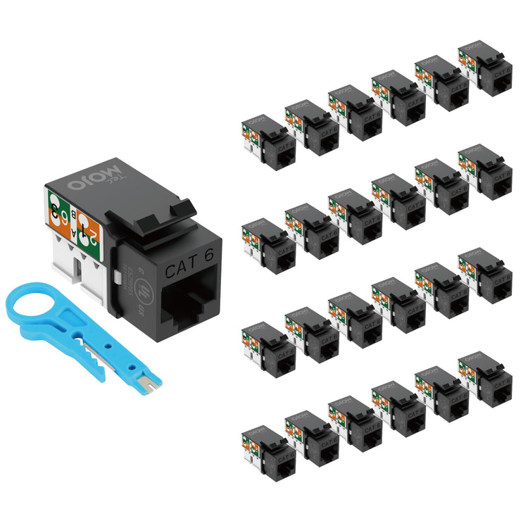 Tecmojo UL Listed 1000 Mbps Cat6 Keystone Jack Insert 25 -Pack, 90 Degree Punch Down RJ45 Keystone Jack Adapter Slim Profile for Patch Panel & Wall Plate, Black
