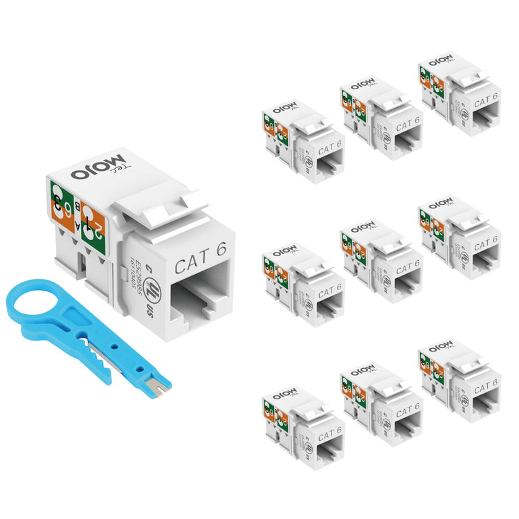 Tecmojo UL Listed 1000 Mbps Cat6 Keystone Jack Insert 10 -Pack, 90 Degree Punch Down RJ45 Keystone Jack Adapter Slim Profile for Patch Panel & Wall Plate, White