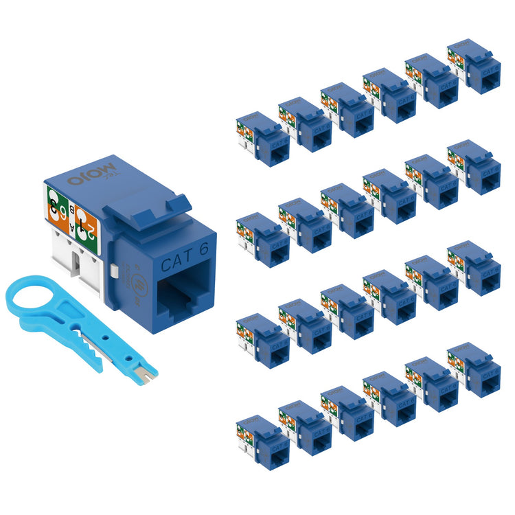 Tecmojo UL Listed 1000 Mbps Cat6 Keystone Jack Insert 25 -Pack, 90 Degree Punch Down RJ45 Keystone Jack Adapter Slim Profile for Patch Panel & Wall Plate, Blue