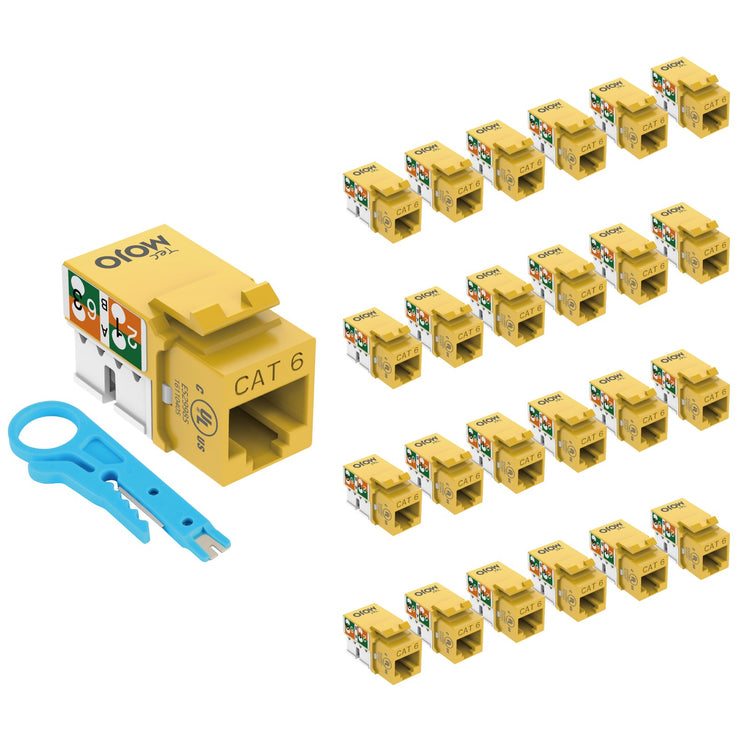 Tecmojo UL Listed 1000 Mbps Cat6 Keystone Jack Insert 25 -Pack, 90 Degree Punch Down RJ45 Keystone Jack Adapter Slim Profile for Patch Panel & Wall Plate, Yellow