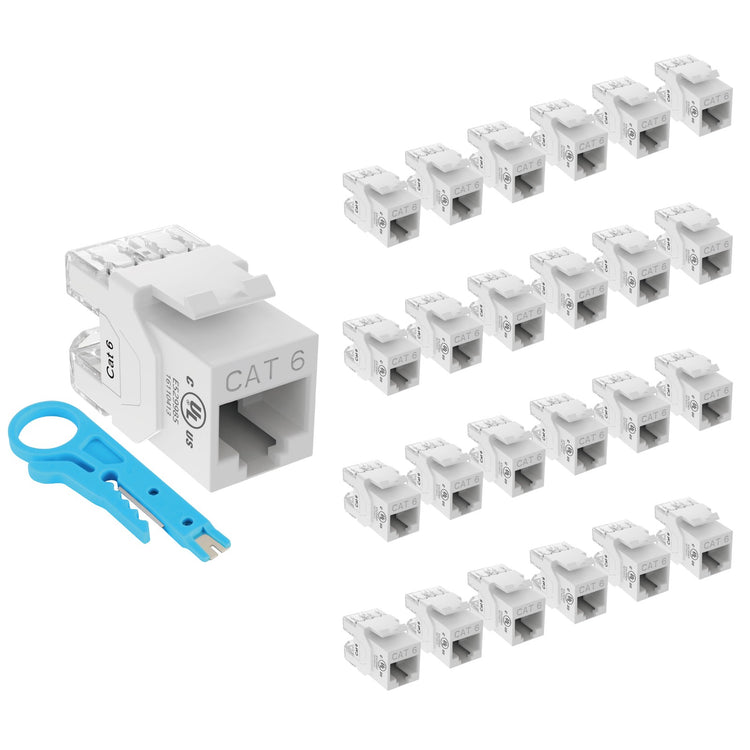 Tecmojo UL Listed 1000 Mbps Cat6 Keystone Jack Insert 25 -Pack, 180 Degree Punch Down RJ45 Keystone Jack Adapter Slim Profile for Patch Panel & Wall Plate, White