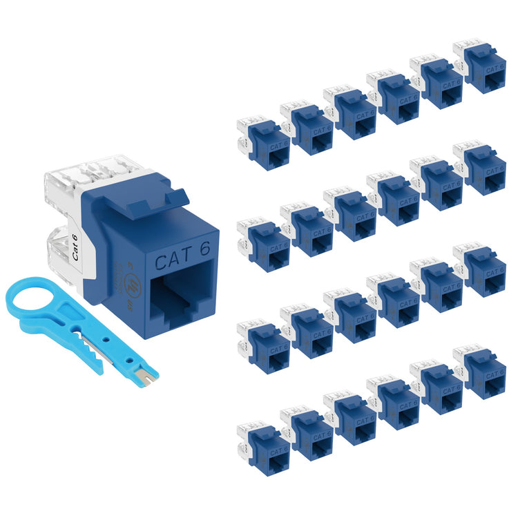 Tecmojo UL Listed 1000 Mbps Cat6 Keystone Jack Insert 25 -Pack, 180 Degree Punch Down RJ45 Keystone Jack Adapter Slim Profile for Patch Panel & Wall Plate, Blue