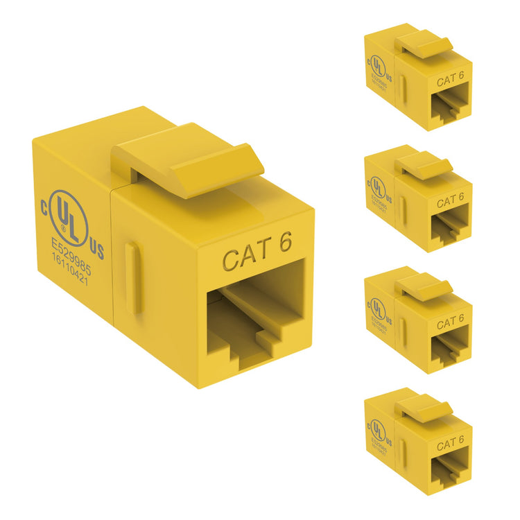 Tecmojo UL Listed Cat6 Keystone Coupler, 1000 Mbps RJ45 Ethernet Jack, Female to Female, Slim Design for Patch Panels & Wall Plates, Yellow (5-Pack)