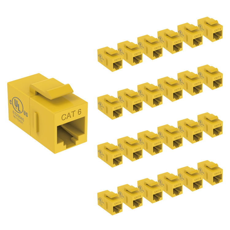 Tecmojo UL Listed Cat6 Keystone Coupler, 1000 Mbps RJ45 Ethernet Jack, Female to Female, Slim Design for Patch Panels & Wall Plates, Yellow (25-Pack)