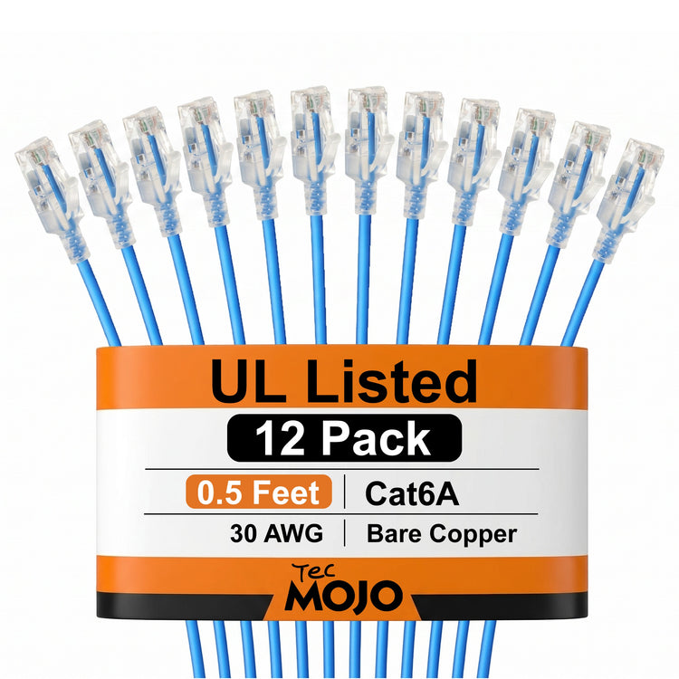 Tecmojo UL Listed Ultra-Slim Cat6a 0.5ft Ethernet Patch Cable, 30AWG 100% Pure Copper, 10Gbps 550MHz Network Cable for Router, Modem, Xbox, Laptop, Servers, 12-Pack, Blue