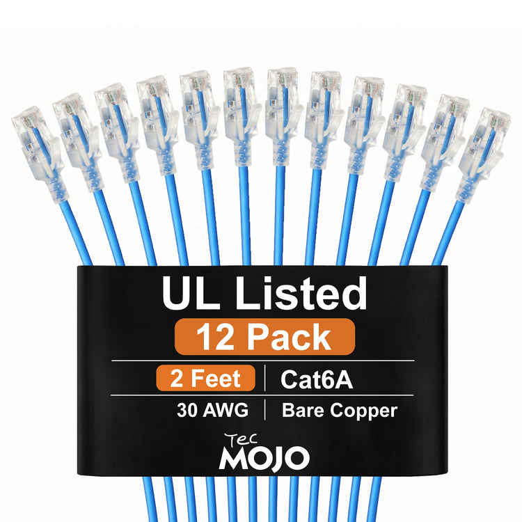 Tecmojo UL Listed Ultra-Slim Cat6a 2ft Ethernet Patch Cable, 30AWG 100% Pure Copper, 10Gbps 550MHz Network Cable for Router, Modem, Xbox, Laptop, Servers, 12-Pack, Blue