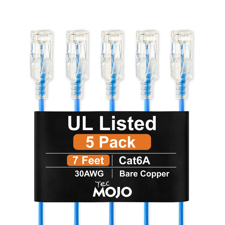 Tecmojo UL Listed Ultra-Slim Cat6a 7ft Ethernet Patch Cable, 30AWG 100% Pure Copper, 10Gbps 550MHz Network Cable for Router, Modem, Xbox, Laptop, Servers, 5-Pack, Blue