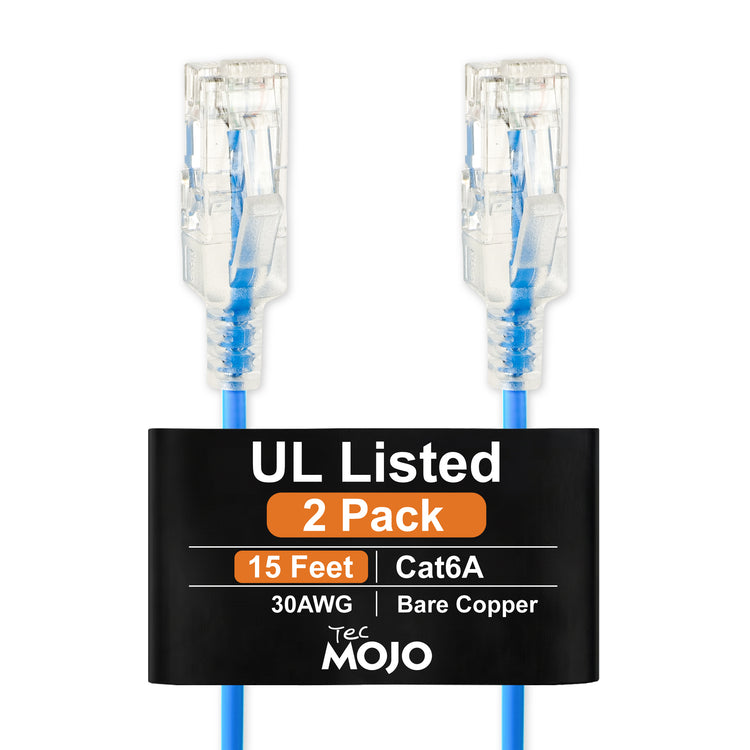 Tecmojo UL Listed Ultra-Slim Cat6a 15ft Ethernet Patch Cable, 30AWG 100% Pure Copper, 10Gbps 550MHz Network Cable for Router, Modem, Xbox, Laptop, Servers, 2-Pack, Blue