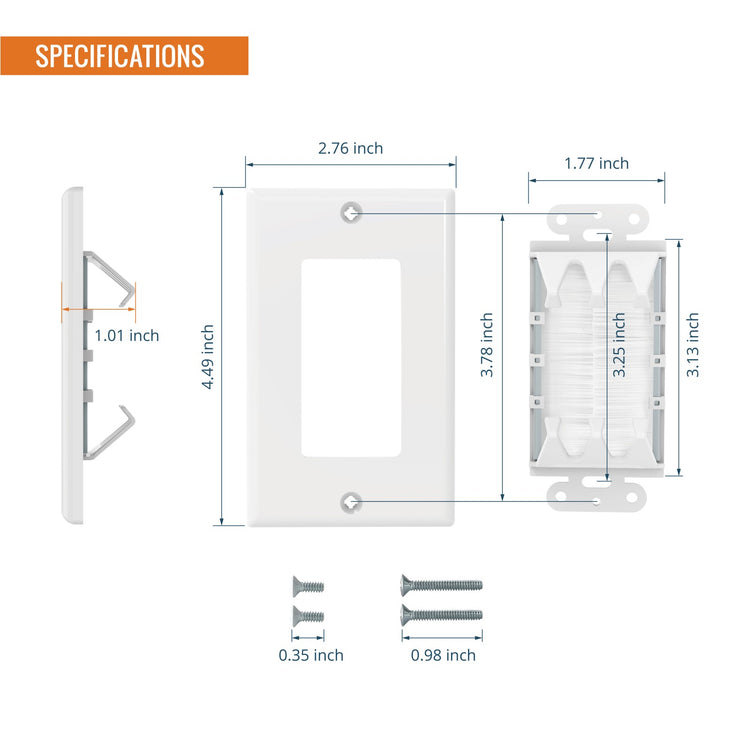 Tecmojo Brush Wall Plate, Cable Pass Through Insert for HDTV, Home Theater Systems, Sturdy Brushes with Smart Cable Catcher, White, 2 Pack